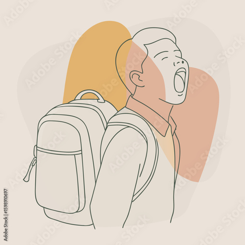Line art of a student yawning with a backpack tired