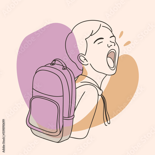 Line art of a yawning student with a purple backpack