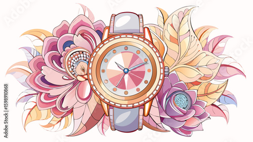 Feminine luxury timepiece with pearl strap, transparent sapphire case back, flower-engraved dial, and soft pink tones. Radiates charm and uniqueness — perfect for artistic vector on white.