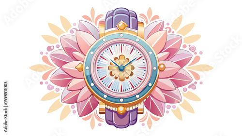 Feminine luxury timepiece with pearl strap, transparent sapphire case back, flower-engraved dial, and soft pink tones. Radiates charm and uniqueness — perfect for artistic vector on white.