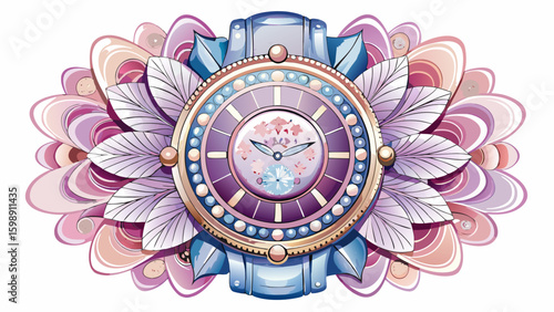 Feminine luxury timepiece with pearl strap, transparent sapphire case back, flower-engraved dial, and soft pink tones. Radiates charm and uniqueness — perfect for artistic vector on white.