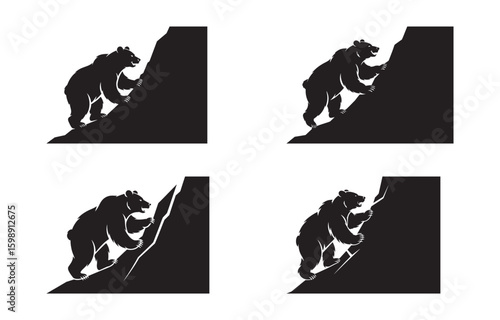 Silhouette of a grizzly bear climbing a rocky mountain face for wildlife and nature concepts