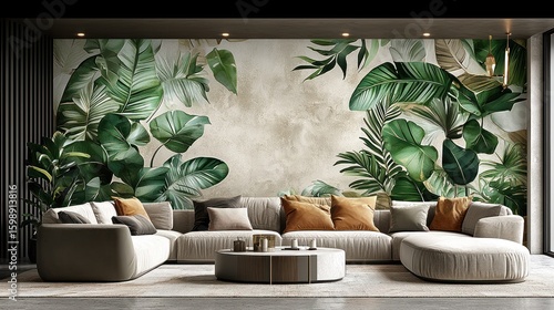 Tropical Leaf Mural in Modern Living Room