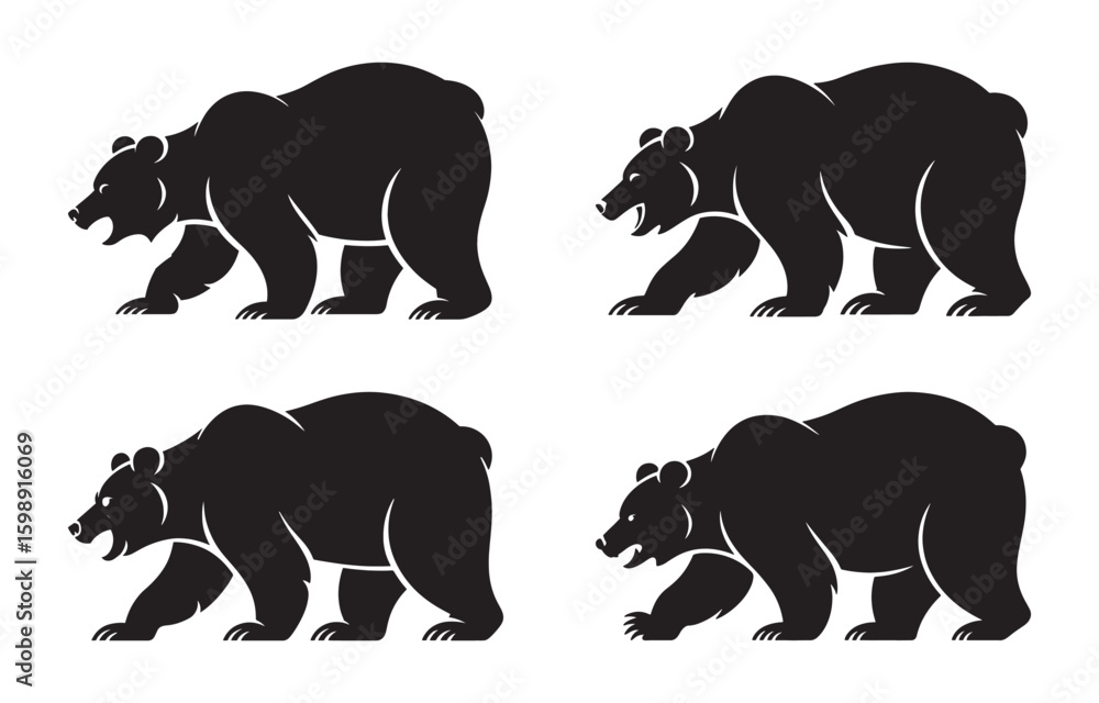 Naklejka premium Black bear silhouettes in different poses representing strength and wildlife concepts on white background