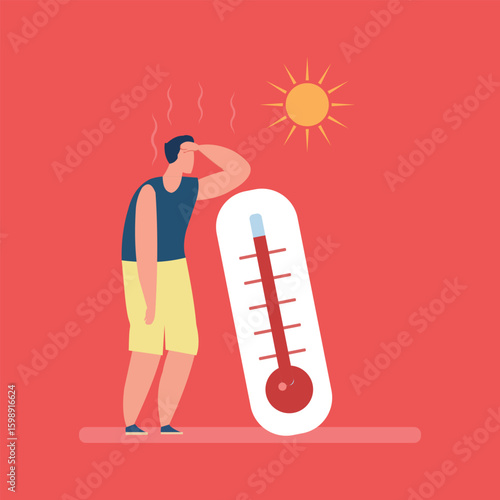 People are overheated during the summer. Temperatures are above average. Illustration showing a thermometer icon.
