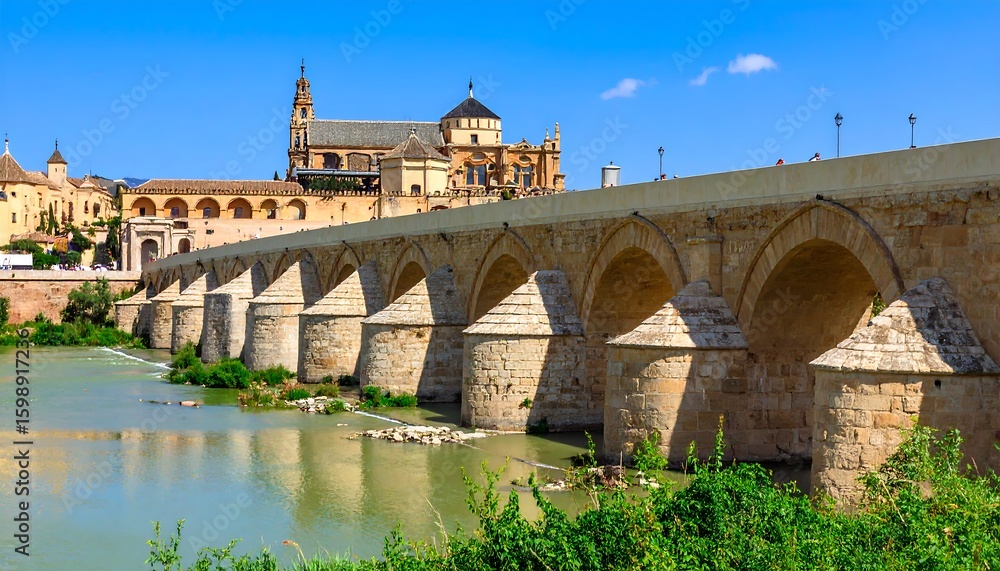 Naklejka premium Panoramic view of a historic stone arch bridge over a river, with a cathedral in the background