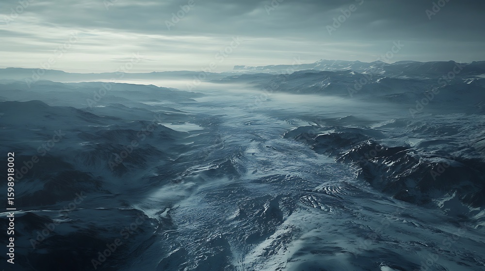 Fototapeta premium Snowy Mountain Range Landscape Aerial View Under Overcast Sky Scenery