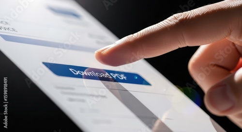 A closeup shot shows a finger pressing the download pdf button on a digital
