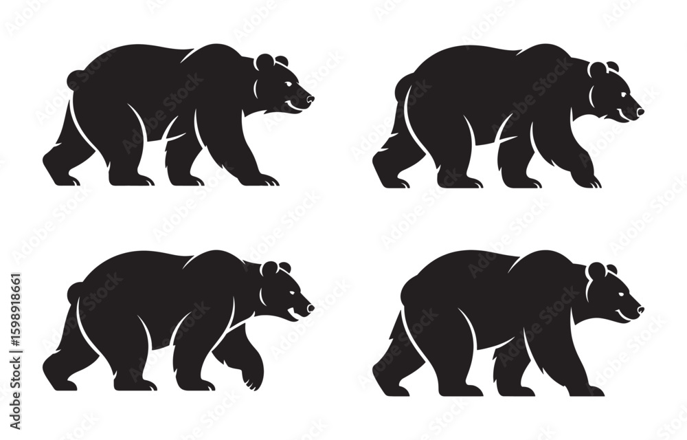 Naklejka premium Stylized silhouette set of four grizzly bears walking in profile on white background