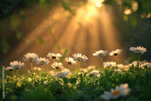A Stunning Close-Up View of Daisies Surrounded by Soft Golden Light, Highlighting Nature's Beauty in a Serene Setting of Sunlit Flora