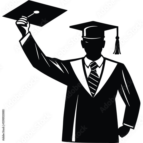 Vector silhouette of a teacher holding a degree or graduation cap in their hand,