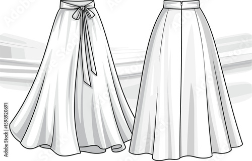 Women’s long wrap skirt fashion sketch front and back views with tie bow closure, flared silhouette, cad drawing flat vector illustration