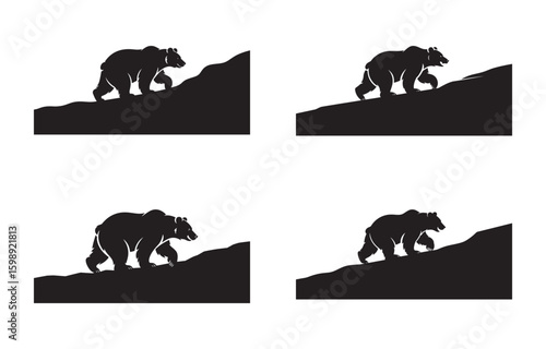Silhouettes of a grizzly bear climbing a mountain ridge in a set of four views