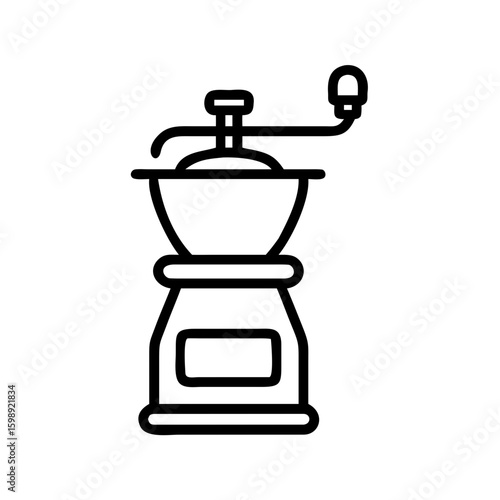 A simplistic graphic of a manual grinder with a handle and a container for grinding material