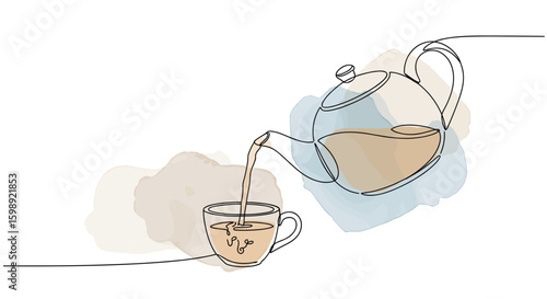 Teapot and teacup set symbolizing relaxation, comfort and tea time — one line doodle drawing with watercolor fill, minimalistic vector illustration on white background

