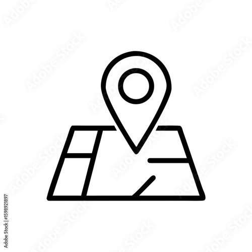 Outline of a map with streets and a location pin marking a specific point on the area shown here