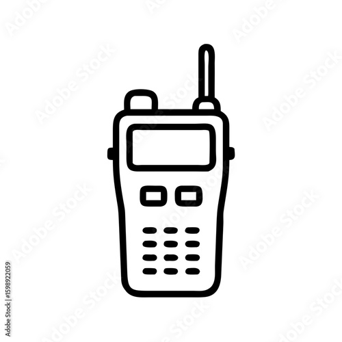 Outline drawing of a portable handheld transceiver with antenna and button interface design shown