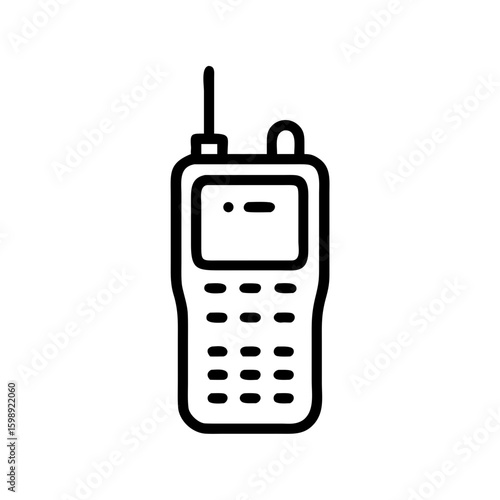 Isolated depiction of a handheld transceiver with antenna and multiple buttons shown in outline style