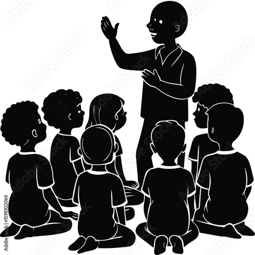 Vector silhouette of a teacher sitting in front of a group of small children, telling a story
