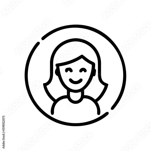 Simple drawing of a smiling woman with shoulder length hair inside of a circle outline design