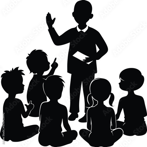 Vector silhouette of a teacher sitting in front of a group of small children, telling a story