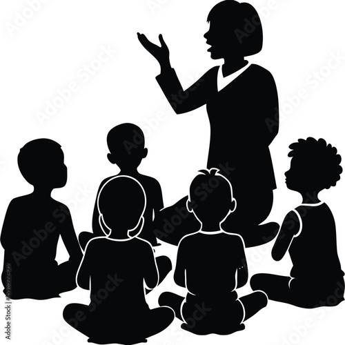 Vector silhouette of a teacher sitting in front of a group of small children, telling a story