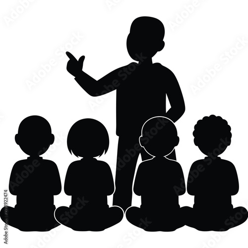 Vector silhouette of a teacher sitting in front of a group of small children, telling a story