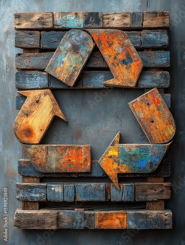 An illustration of the recycling symbol made from broken Bricks and wood Pallets and PVC pipes and Mirrors, set against a white background. minimalistic, high quality and high in detail