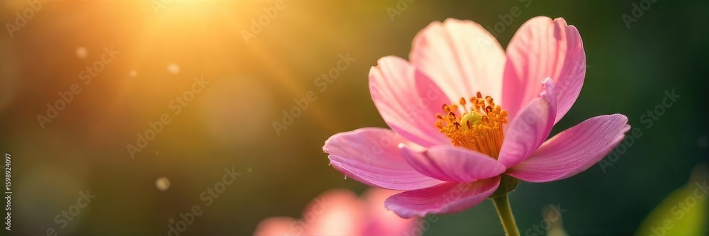 Fototapeta premium Close-up of a delicate, blossoming flower with soft petals, bathed in warm sunlight; a gentle breeze causes slight movement, creating an ethereal and peaceful scene , nature, peaceful