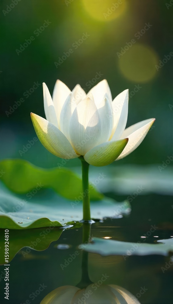 Obraz premium Close-up of a pristine white lotus flower emerging from calm water, petals unfurling in soft sunlight Peaceful, serene, and symbolic of purity and enlightenment , bloom, flower