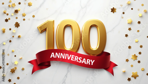 Luxury 100 Years Anniversary Gold Banner with Red Ribbon, Premium Corporate Celebration, Elegant Serif Typography, White Marble Background, Golden Confetti, High-End Vector Template