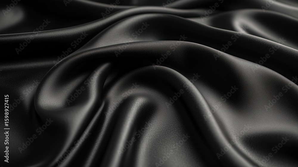 A Close-Up View of Luxurious Black Satin Fabric Showing Its Smooth, Glossy Texture and Elegantly Draped Forms A Close-Up View of Luxurious Black Satin Fabric Showing Its Smooth, Glossy Texture and Elegantly Draped Forms