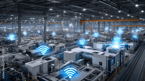 A futuristic smart factory where IoT sensors monitor machine health in real-time, and predictive maintenance is visualized through dynamic dashboards powered by AI industrial inter