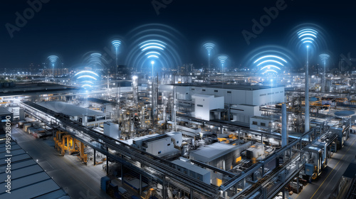 A realistic Industry 4.0 manufacturing scenario #8 featuring IoT-connected devices, smart machines, and advanced communication technologies (like 5G/6G) enabling intelligent automa