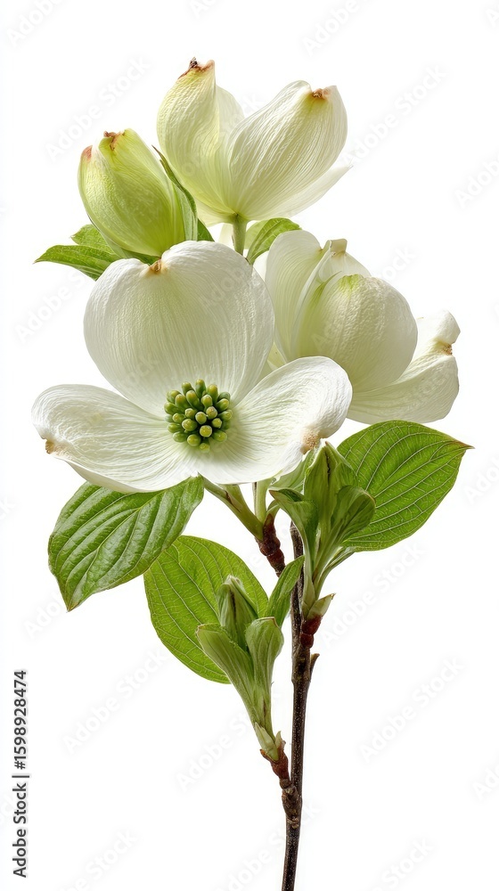Obraz premium White Dogwood Blossoms With Green Leaves