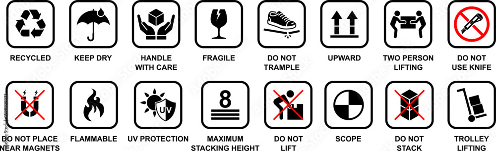 Εκτύπωση καμβά fragile shipping or packaging icons for product and mockup including fragile, up