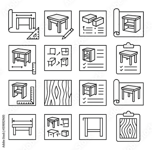 Furniture linear icon set: table, measurements, wood, clipboard, tools, boxes, design