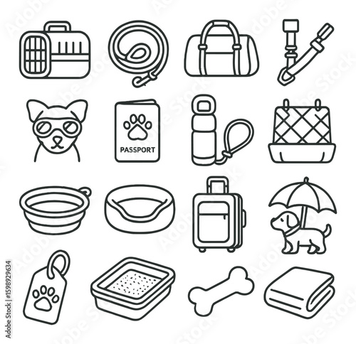 Pet care linear icon set: carrier, leash, bag, harness, cat, passport, bowl, bed, travel, umbrella, dog, tag, sandbox, bone, blanket