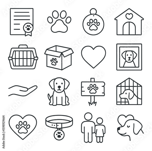 Pet care linear icon set. containing paw print, kennel, pet carrier, adoption, leash, and more.