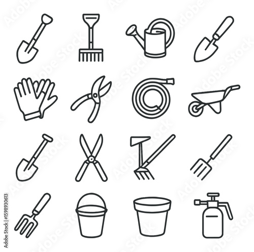 Gardening linear icon set. featuring shovel, rake, watering can, gloves, wheelbarrow, hose, pruner, bucket, sprayer.
