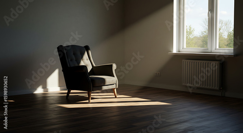 Single chair in an empty room with light pouring through one window, contemplative and minimal mood