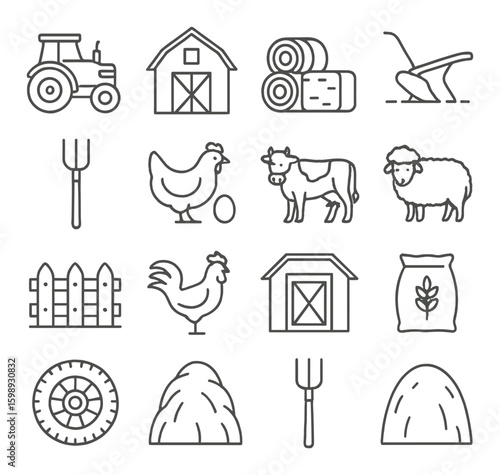 Farm linear icon set. includes tractor, barn, hay bales, plow, pitchfork, chicken, cow, sheep, fence, rooster, wheel, haystack.