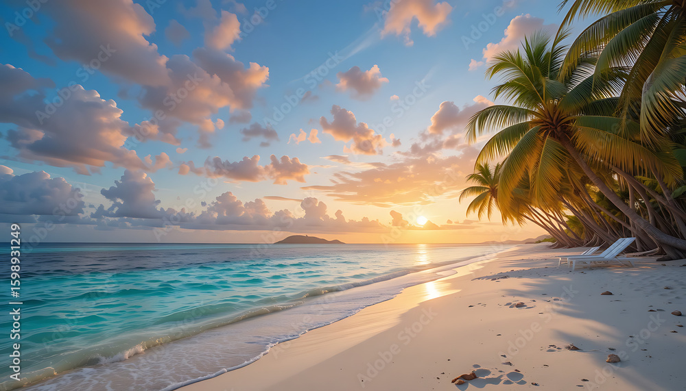 Fototapeta premium A breathtaking tropical beach at sunset, with calm turquoise waves gently lapping the shore, palm trees casting long shadows on the golden sand, and a vibrant sky filled with colorful clouds