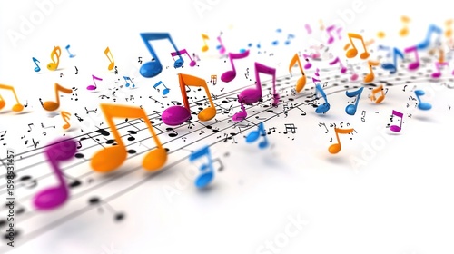 Colorful Music Notes Dance on Sheet Music: A vibrant 3D illustration of musical notes in motion, creating a joyful and dynamic visual representation of music and melody.