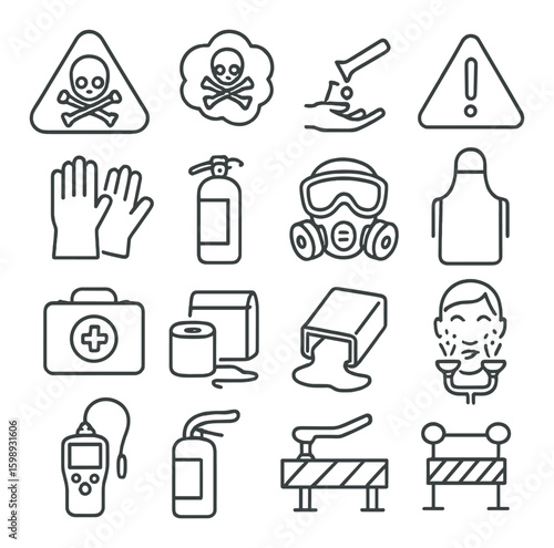 Safety linear icon set. containing hazard, warning, fire, mask, gloves, first aid, spill, barricade, clean.