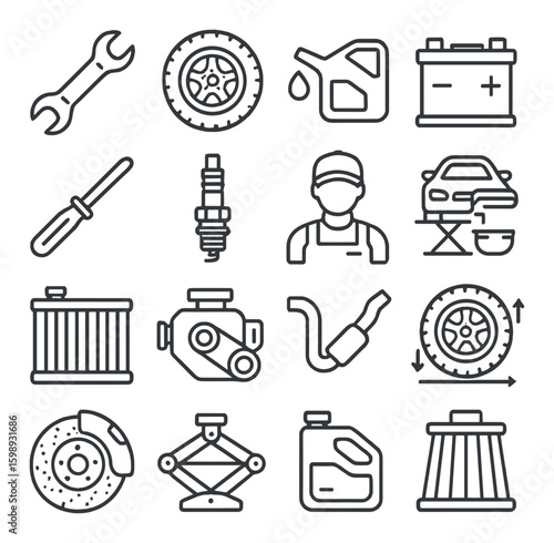 Automotive linear icons set: wrench, tire, oil, battery, screwdriver, mechanic, car lift, radiator, engine, exhaust
