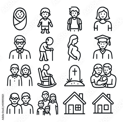 Family linear icon set: baby, child, teen, adult, elderly, pregnant, graduate, couple, home, ancestors