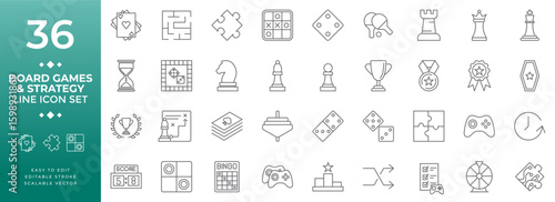 Board games and strategy line icon set vector illustration featuring a collection of outline icons for card games, chess, dice, puzzles, board game elements, and gaming concepts.