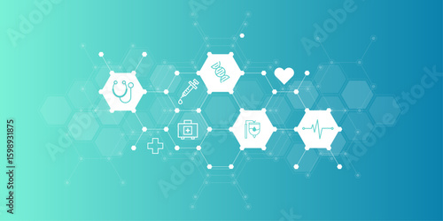 Modern medical hexagon icon background vector illustration featuring healthcare symbols like DNA, heart, and stethoscope with honeycomb pattern, ideal for science and technology designs.