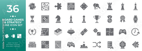 Board games and strategy solid icon set vector illustration featuring glyph icons for chess, dice, puzzles, card games, trophies, and diverse gaming concepts with scalable vector graphic design.